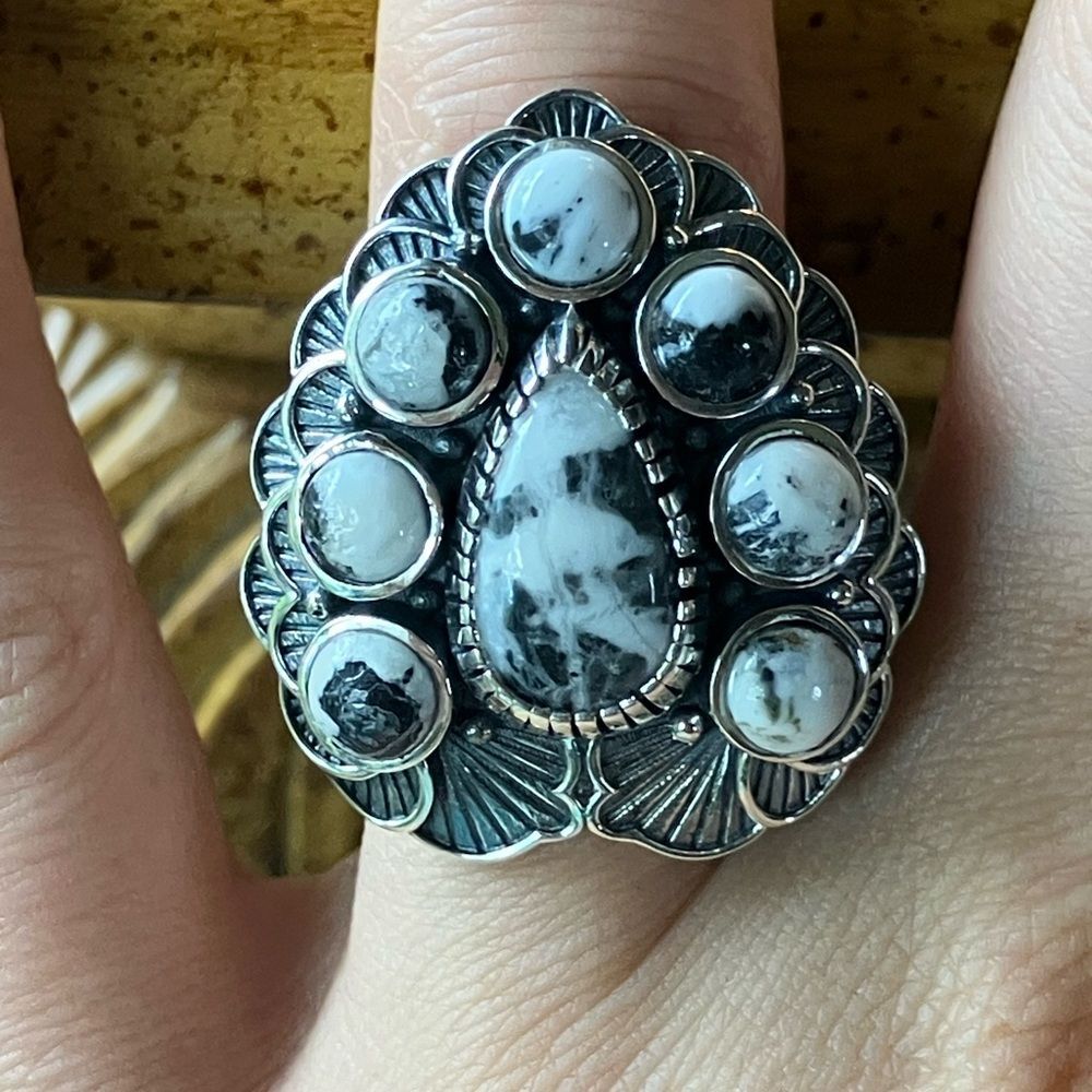 Natural White Buffalo Sterling Silver Artistic Cocktail Ring Size 6